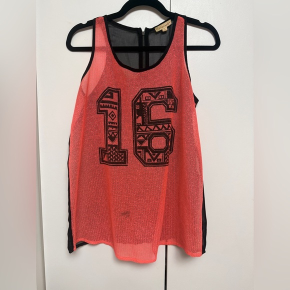 Cotton Candy Tops - Cotton Candy Coral Sheer Tank with Black Trim & Tribal '16' Graphic